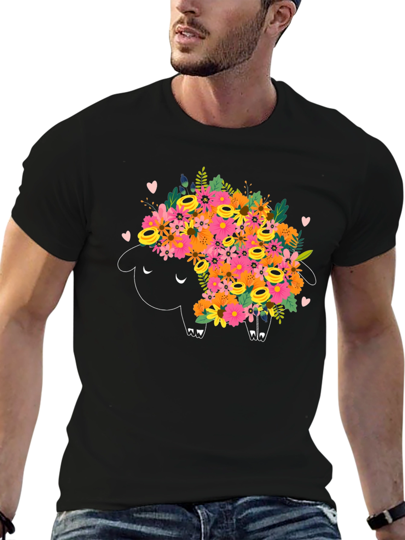 Floral Sheep Graphic Tee - Black Cotton T-Shirt