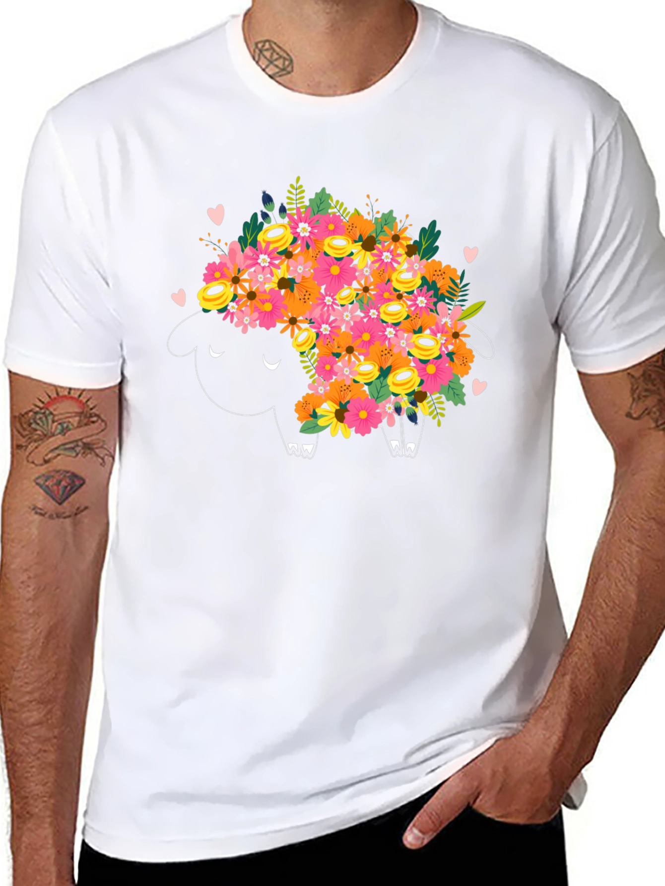 Floral Sheep Graphic Tee - Black Cotton T-Shirt