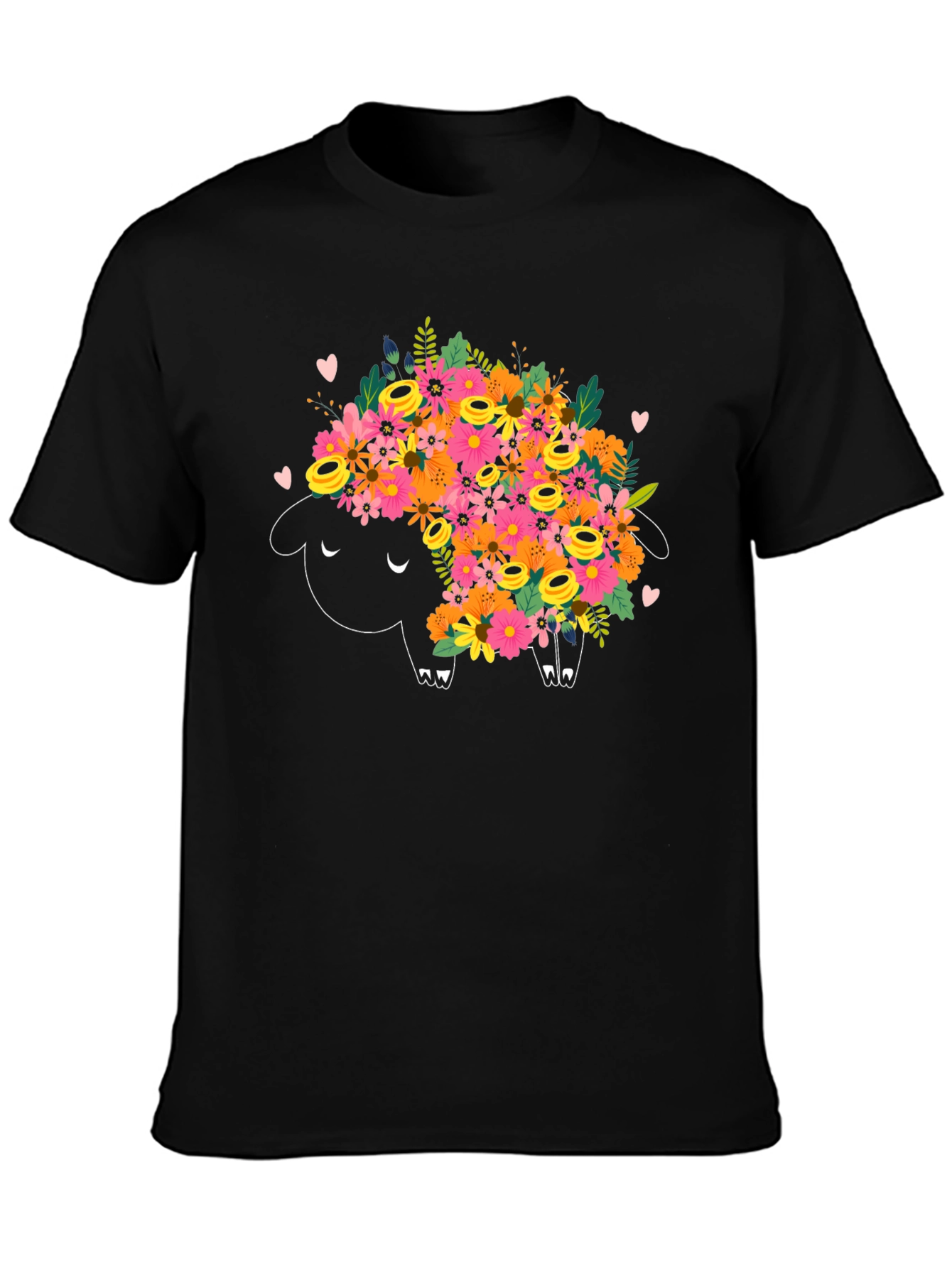 Floral Sheep Graphic Tee - Black Cotton T-Shirt