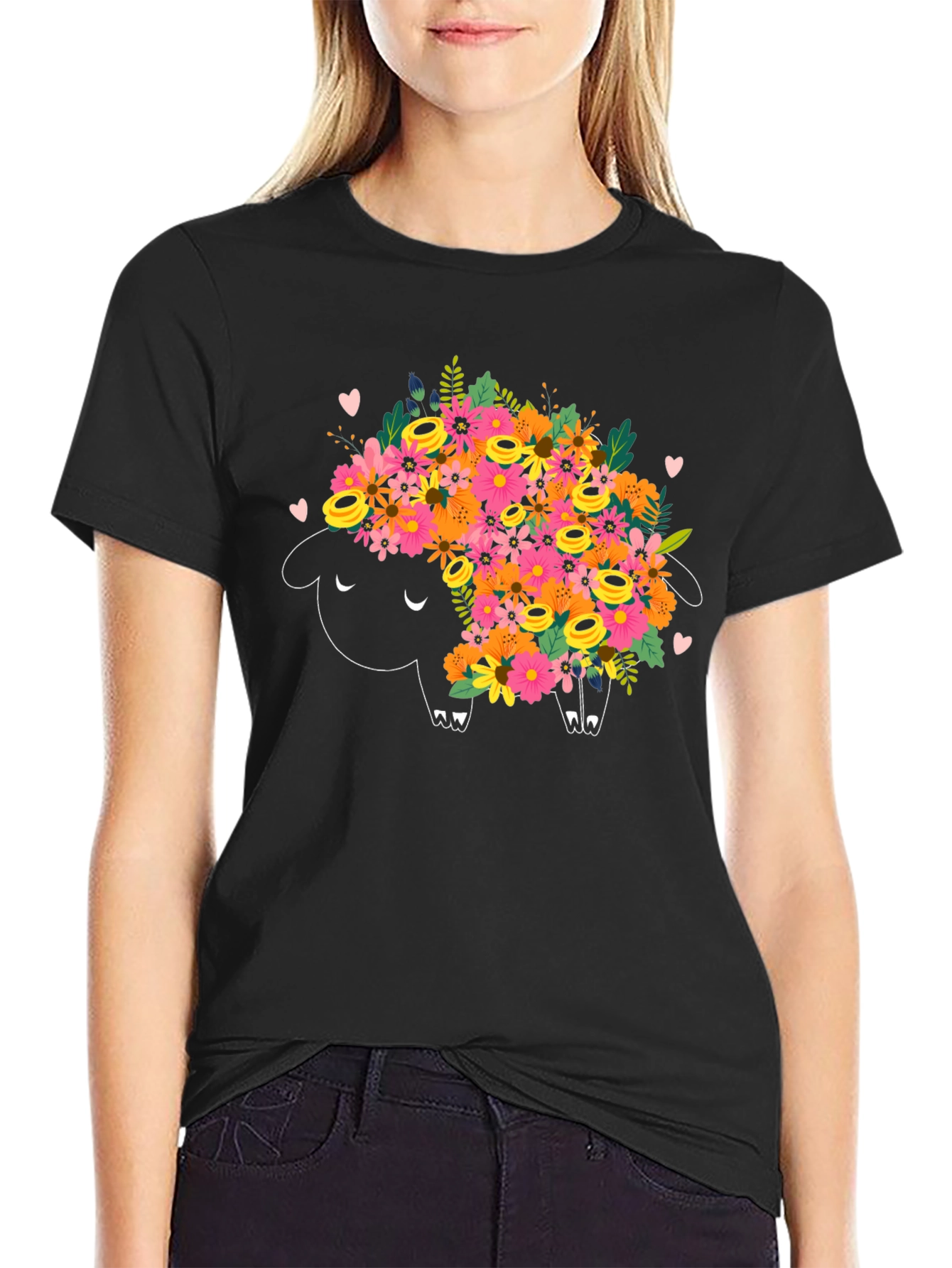 Floral Sheep Graphic Tee - Black Cotton T-Shirt