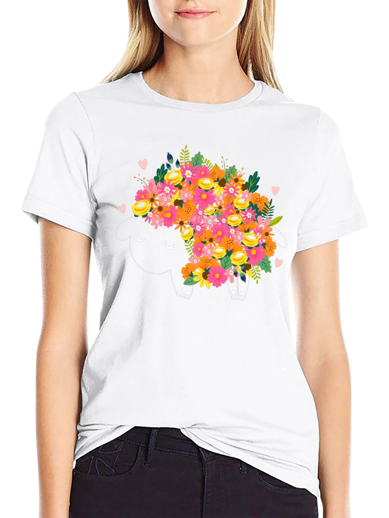 Floral Sheep Graphic Tee - Black Cotton T-Shirt