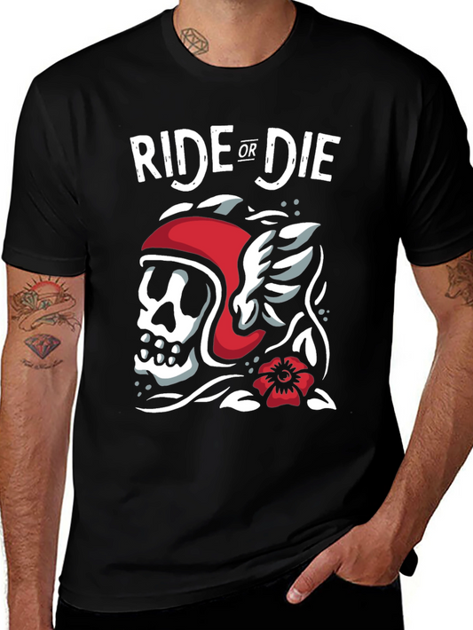 Ride or Die Biker Skull Graphic Tee - Black