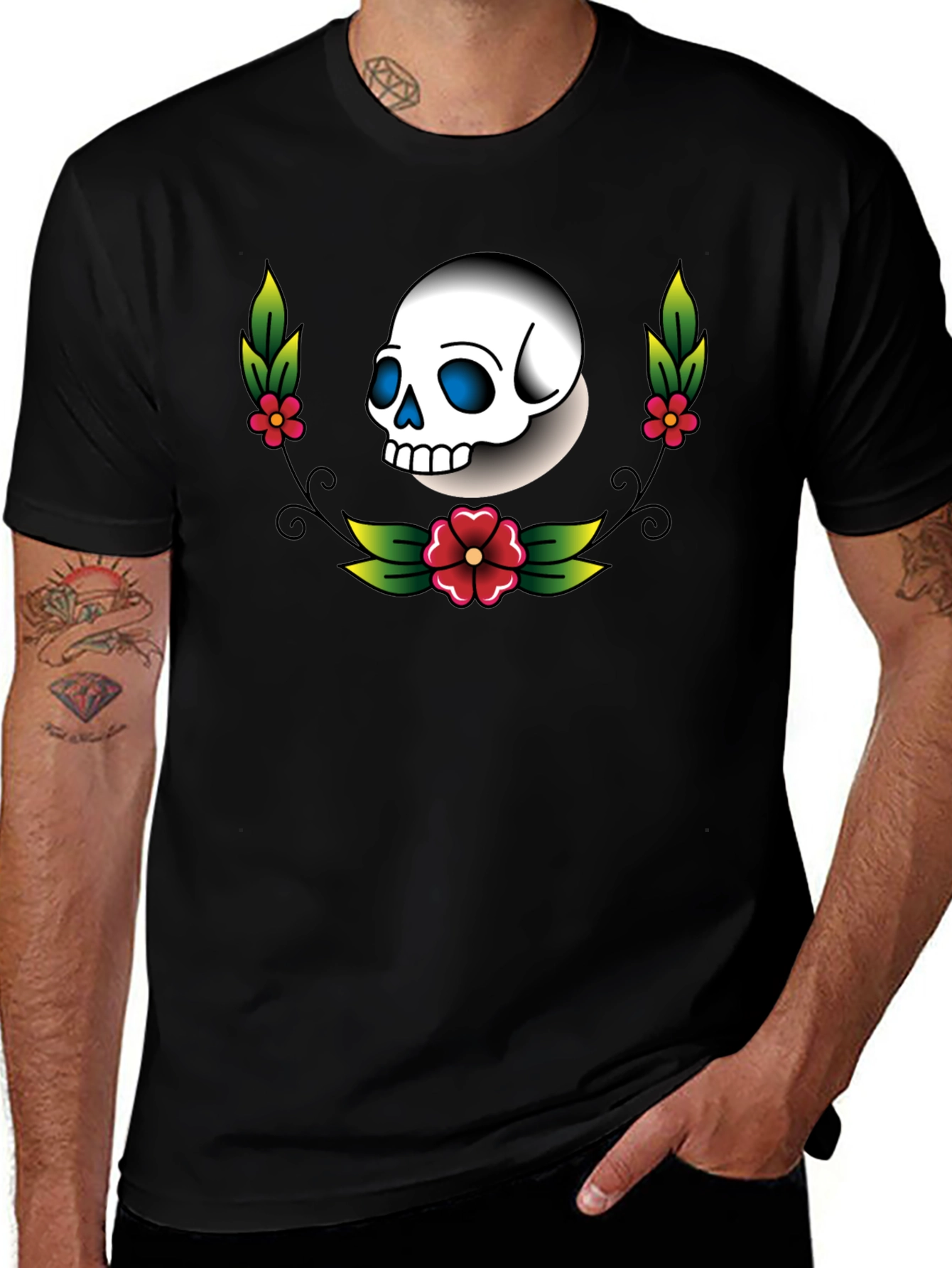 Skull and Flowers Graphic Tee - Black