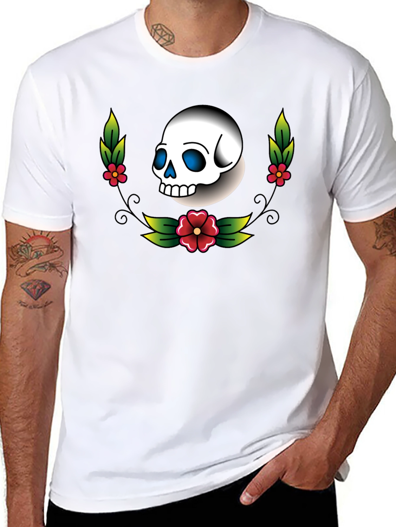 Skull and Flowers Graphic Tee - Black