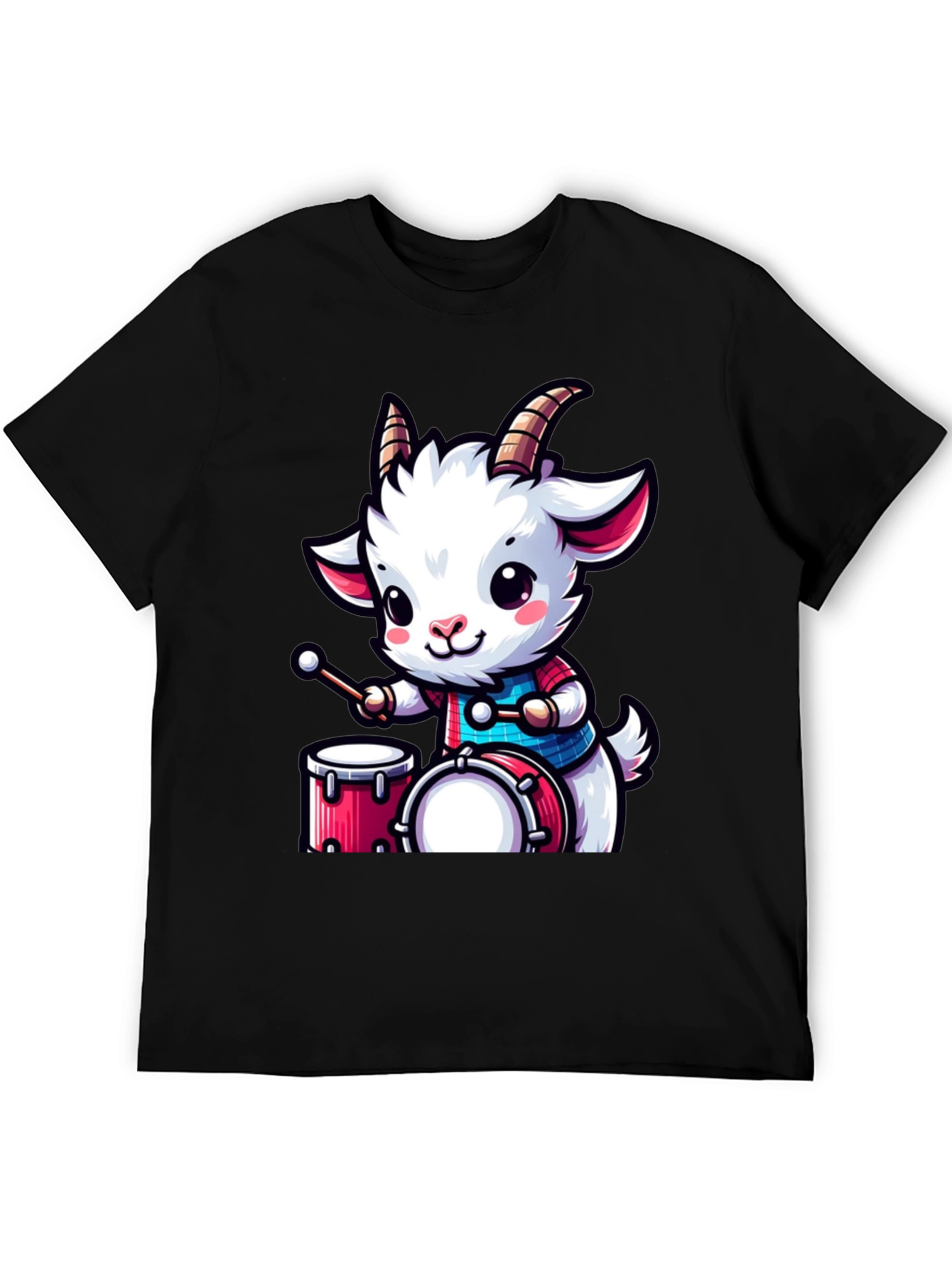 Cute Goat Drummer Black T-Shirt