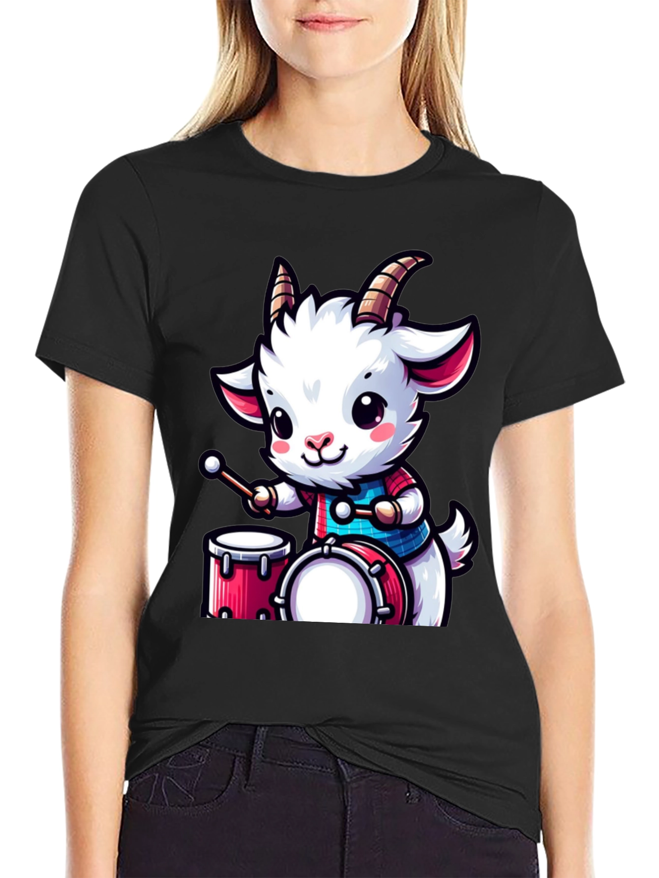 Cute Goat Drummer Black T-Shirt