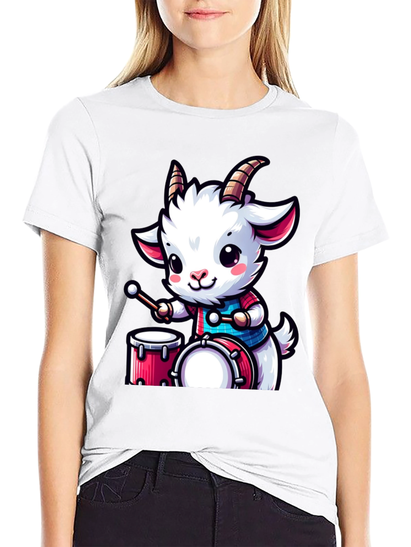 Cute Goat Drummer Black T-Shirt