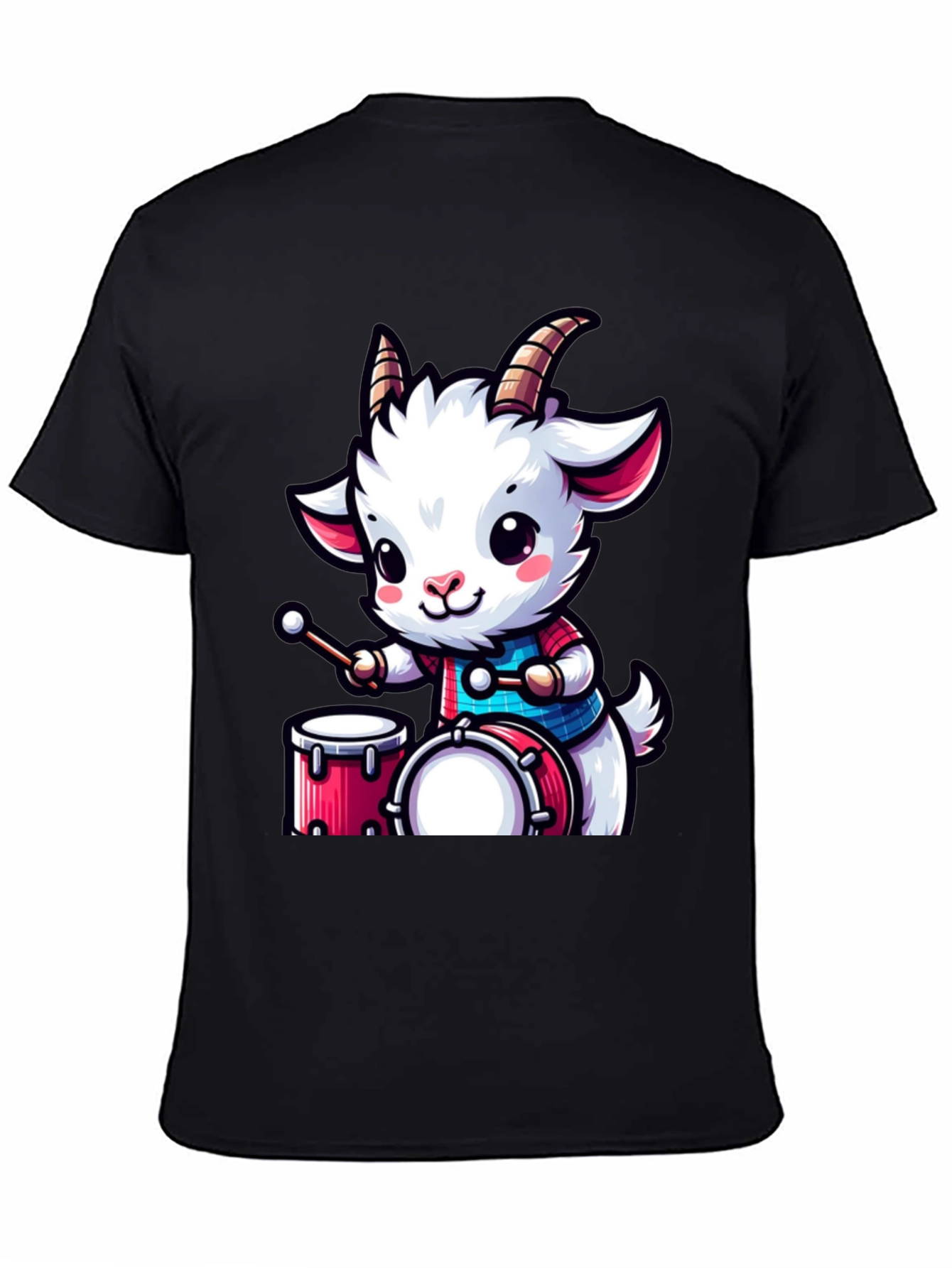 Cute Goat Drummer Black T-Shirt
