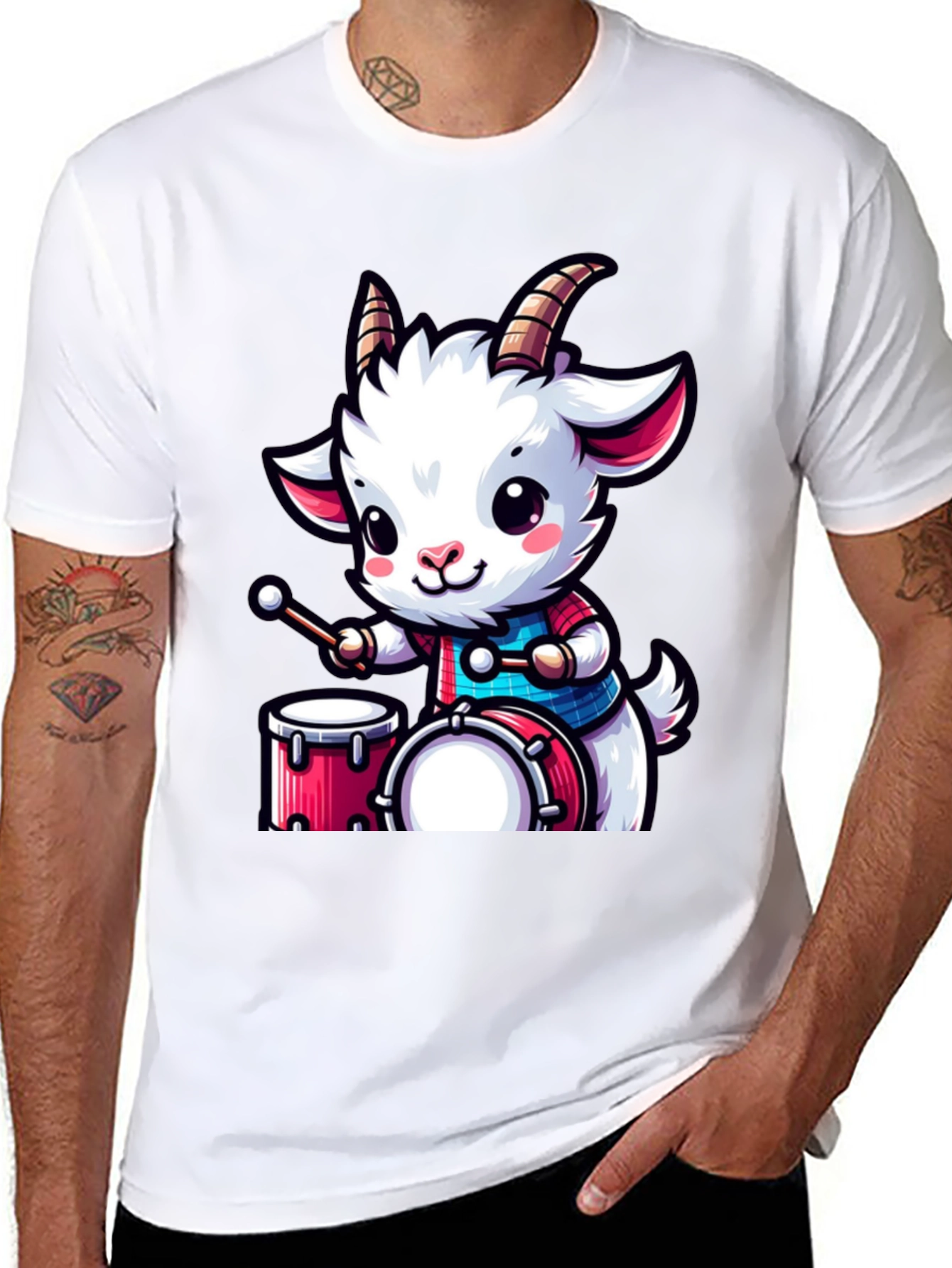 Cute Goat Drummer Black T-Shirt