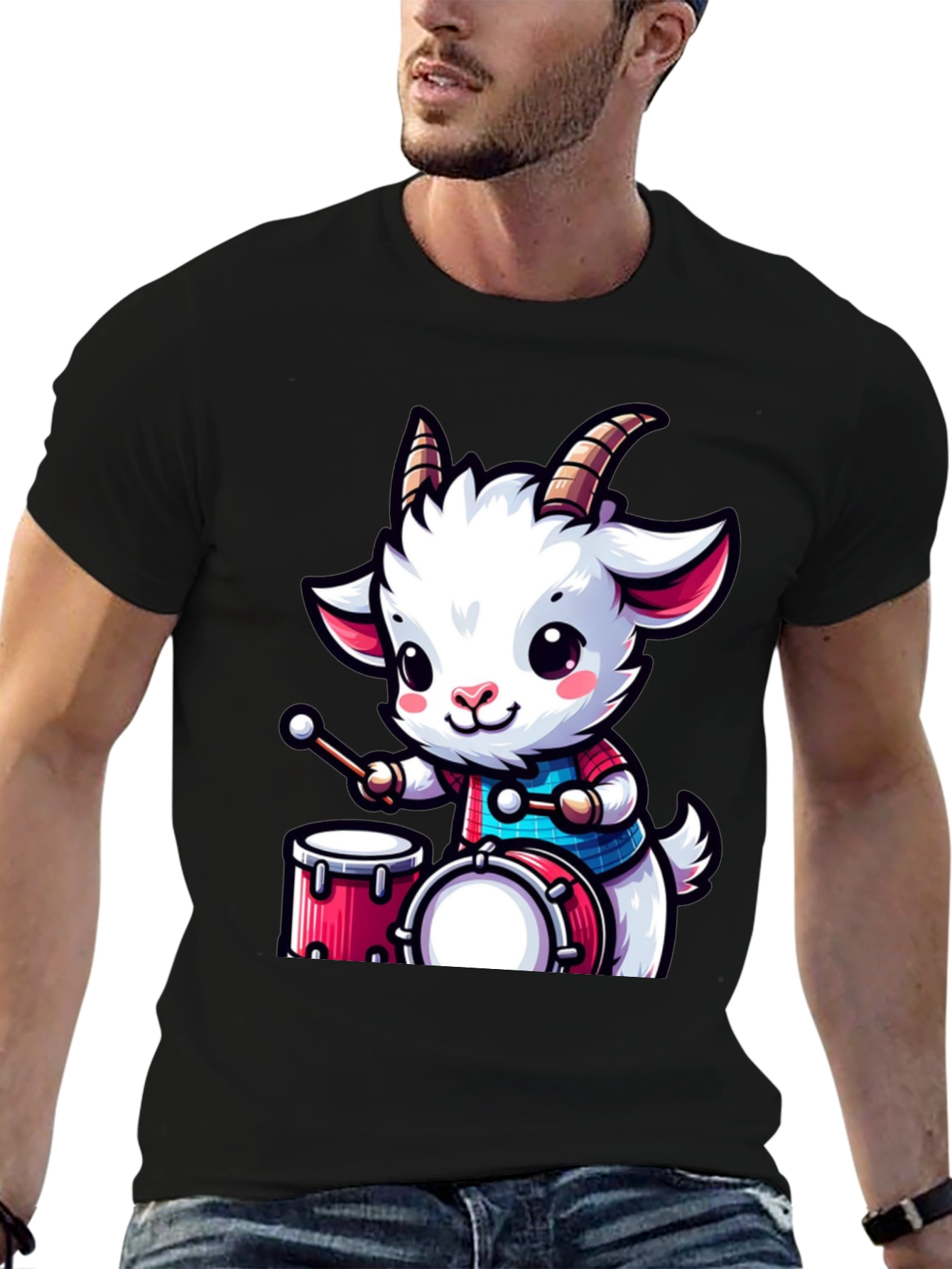 Cute Goat Drummer Black T-Shirt