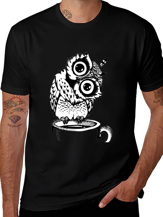 Owl on Coffee Cup Graphic T-Shirt - Black