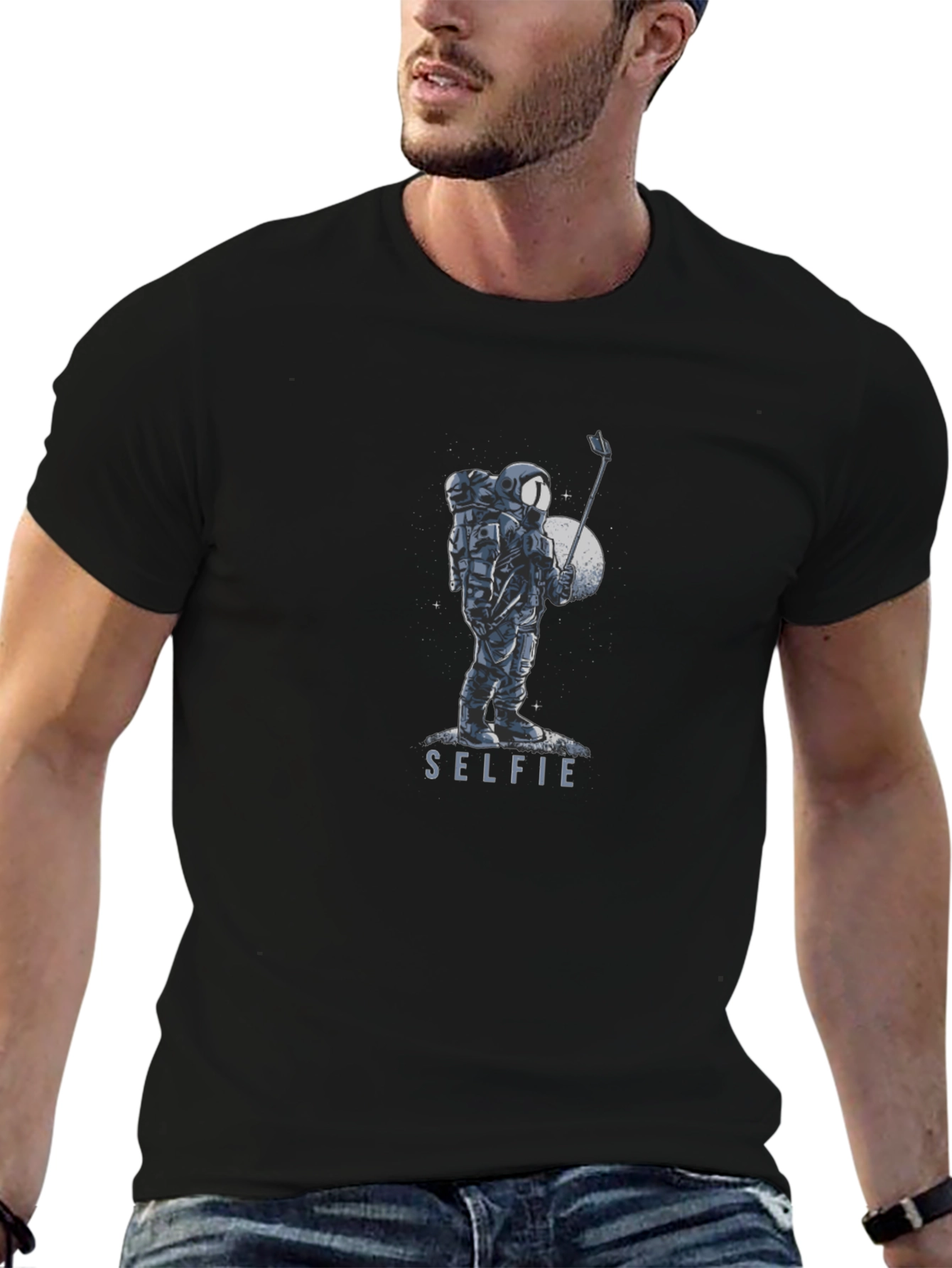 Astronaut Selfie Graphic Tee - Black Cotton Blend