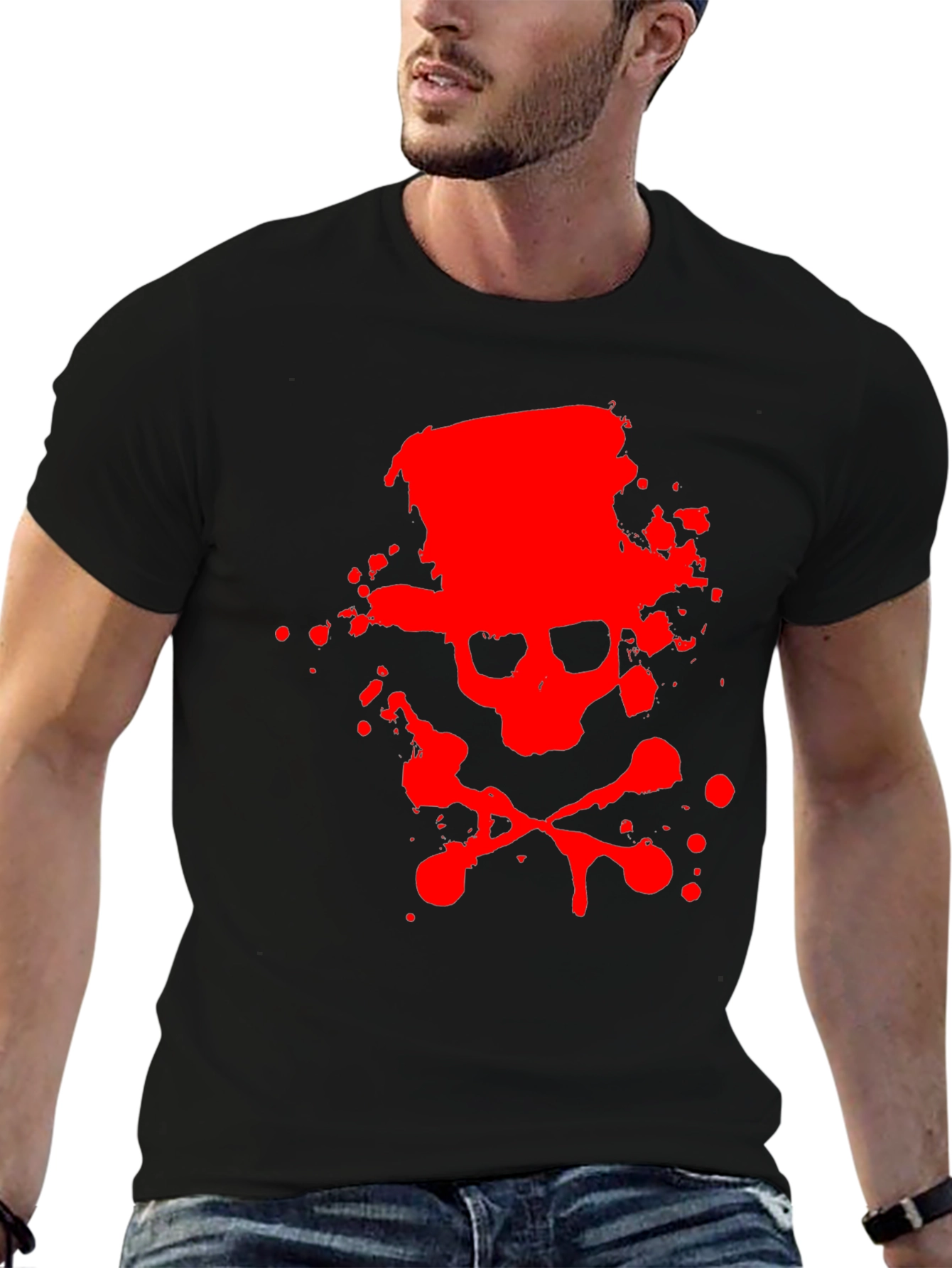 Red Skull & Crossbones Graphic Black T-Shirt