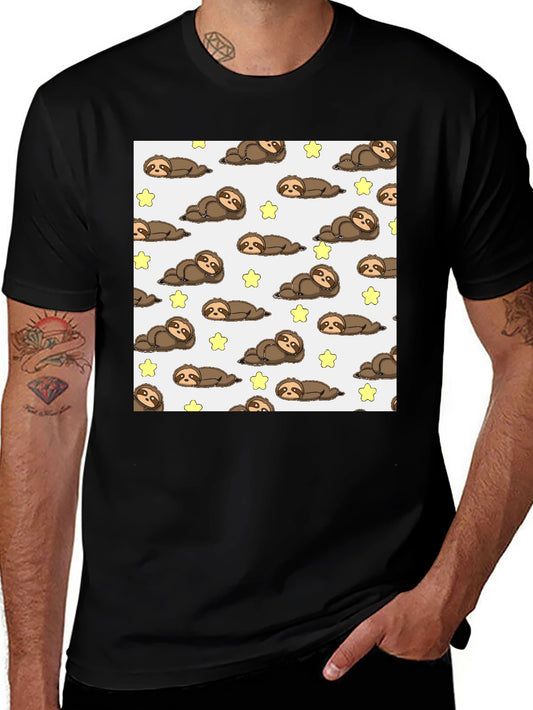 Cute Sloth & Star Print T-Shirt - Black Cotton Tee