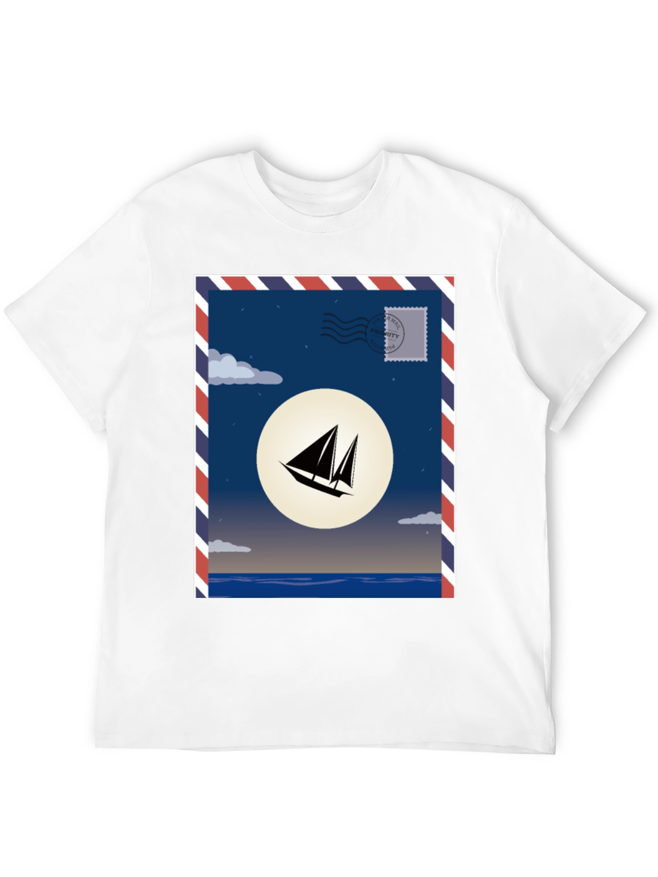 Sailboat Stamp Graphic T-Shirt - Black Cotton Tee