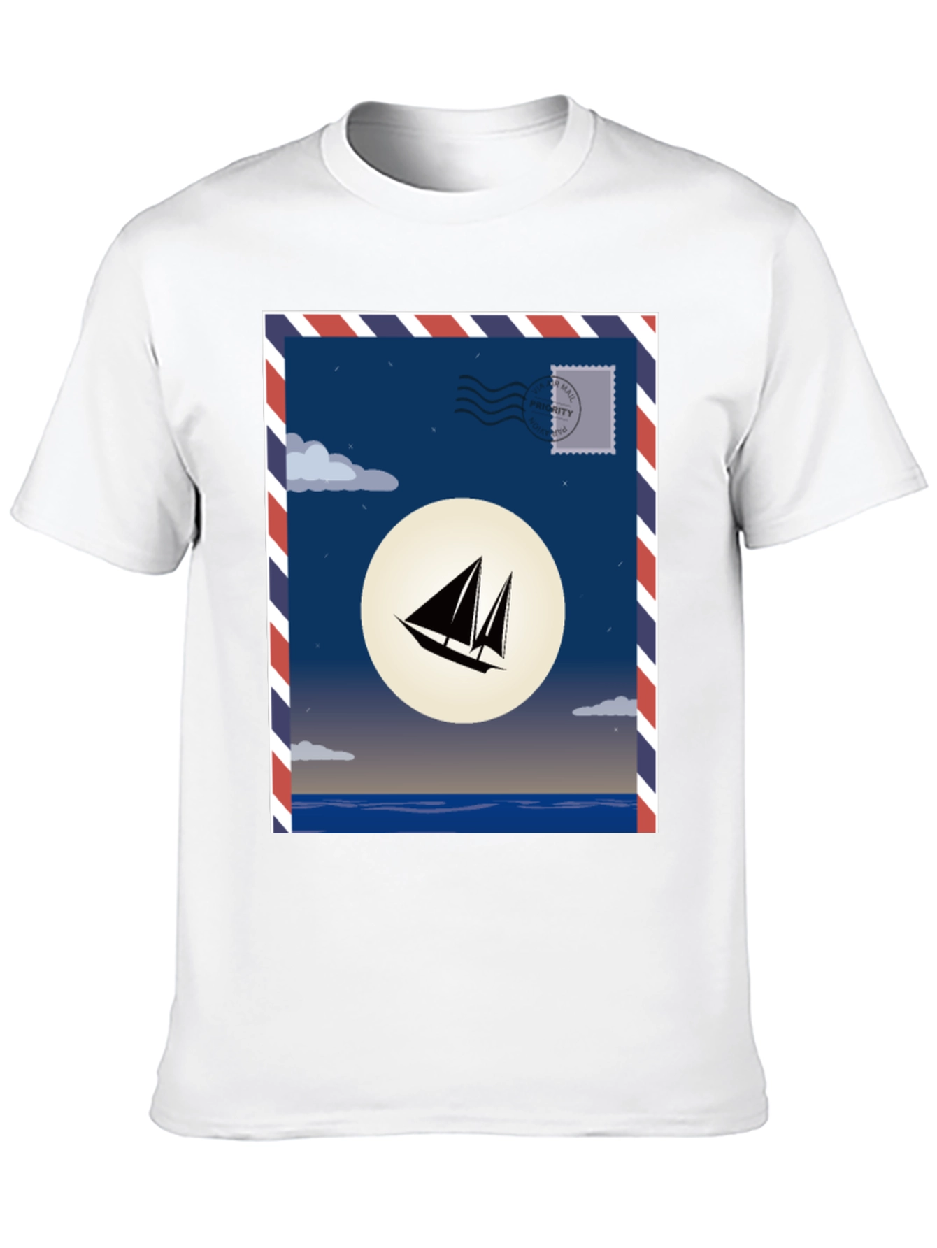 Sailboat Stamp Graphic T-Shirt - Black Cotton Tee