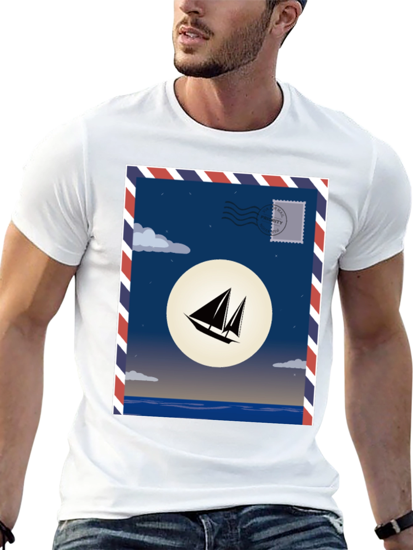 Sailboat Stamp Graphic T-Shirt - Black Cotton Tee