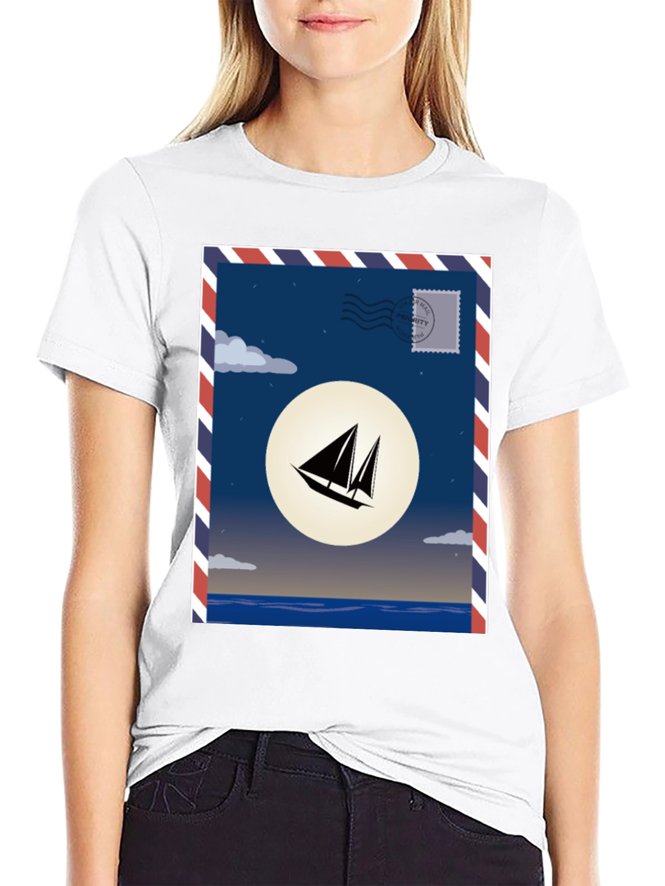 Sailboat Stamp Graphic T-Shirt - Black Cotton Tee