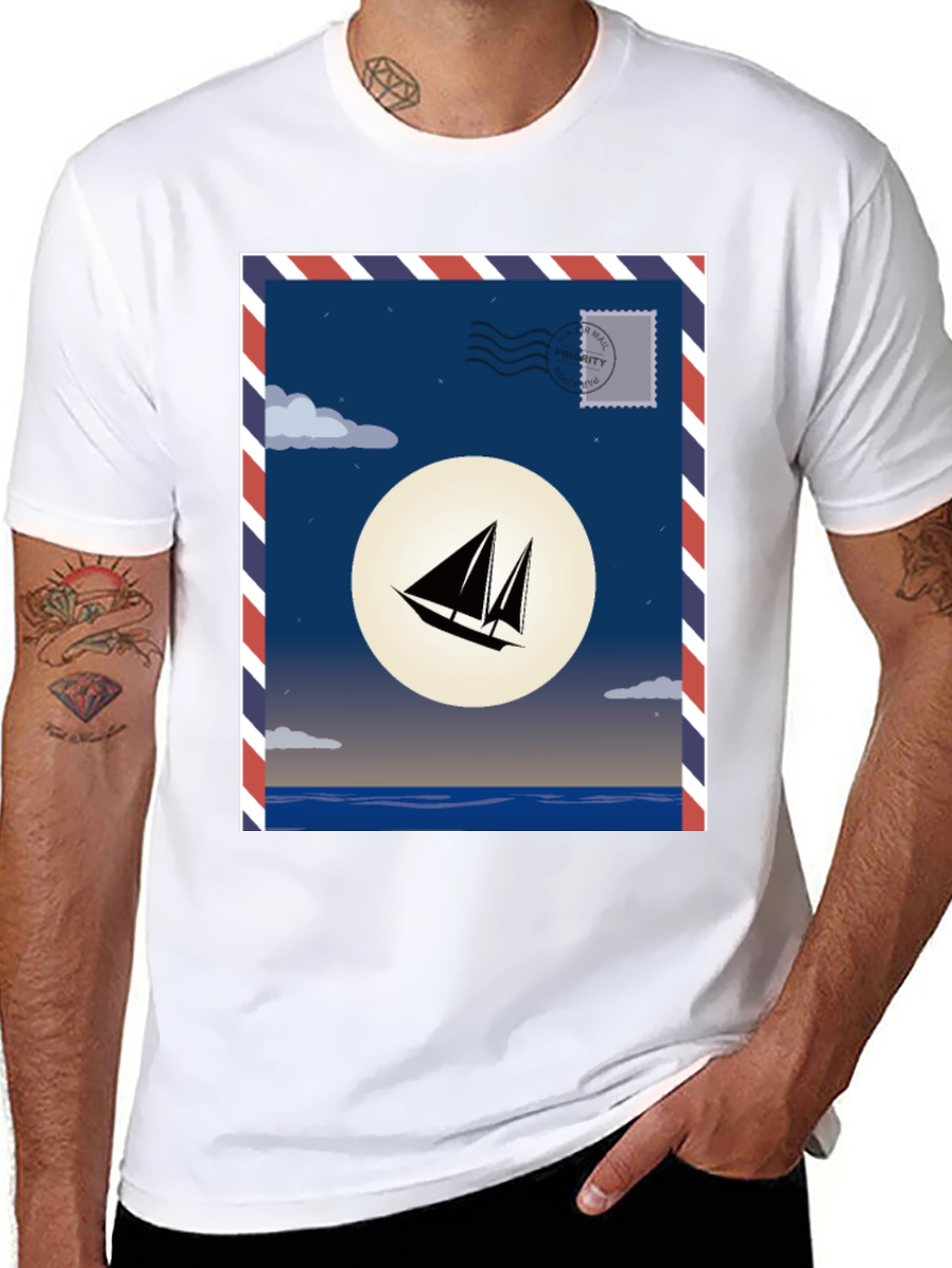 Sailboat Stamp Graphic T-Shirt - Black Cotton Tee