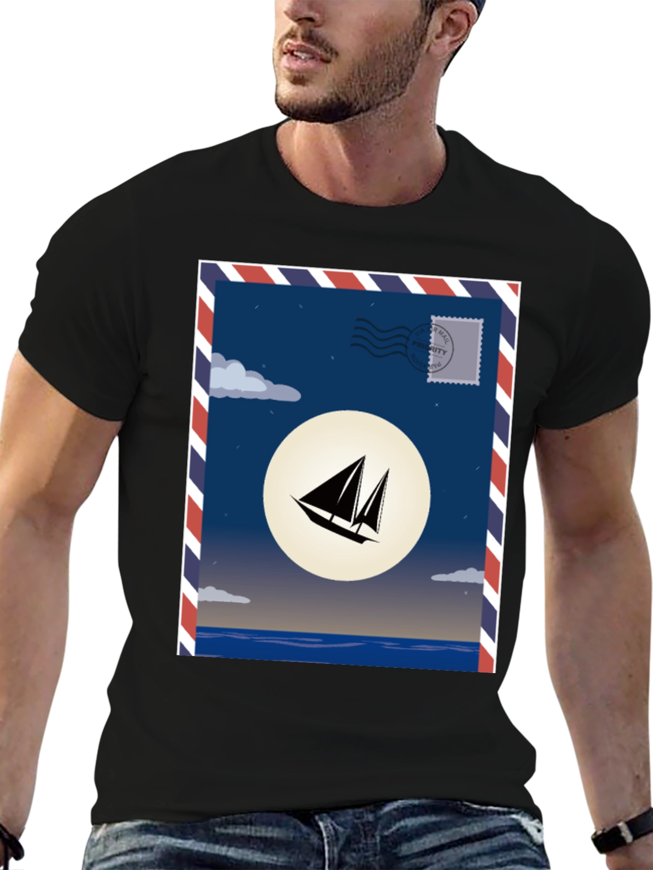 Sailboat Stamp Graphic T-Shirt - Black Cotton Tee