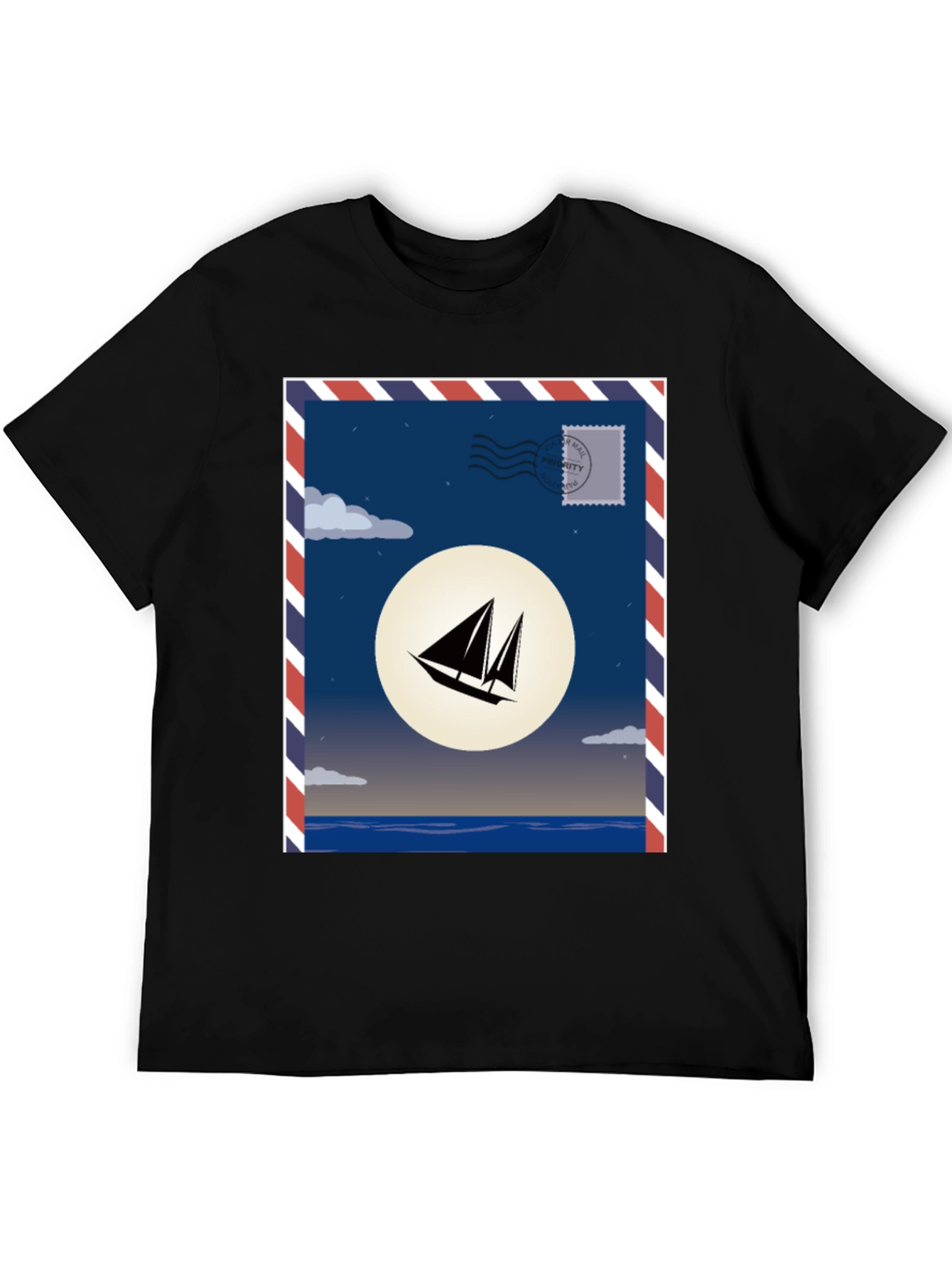 Sailboat Stamp Graphic T-Shirt - Black Cotton Tee