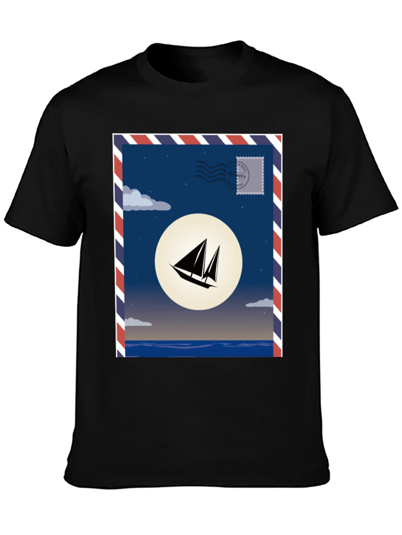 Sailboat Stamp Graphic T-Shirt - Black Cotton Tee