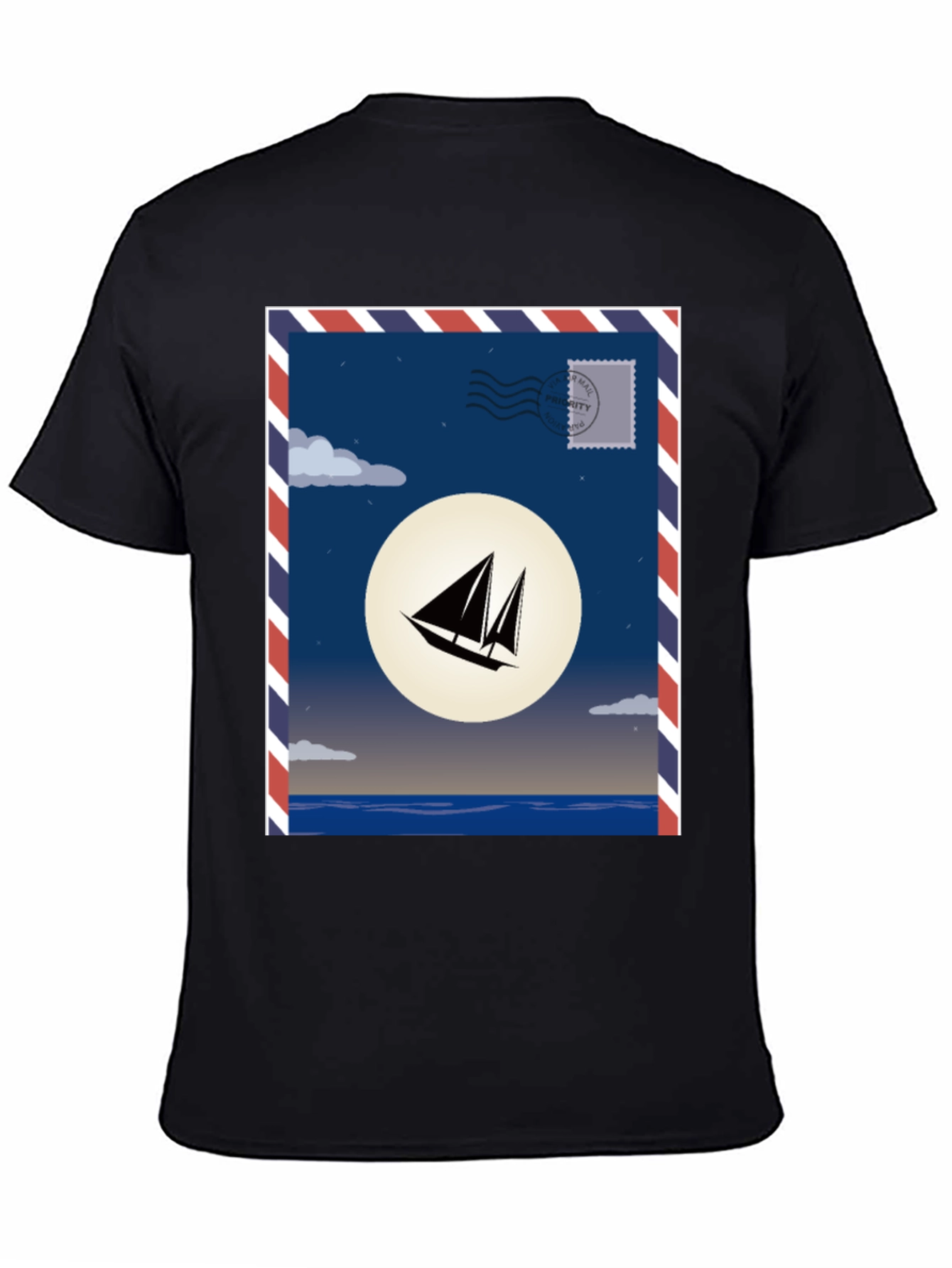 Sailboat Stamp Graphic T-Shirt - Black Cotton Tee