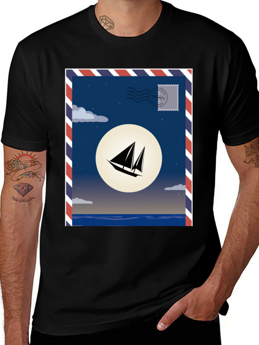 Sailboat Stamp Graphic T-Shirt - Black Cotton Tee