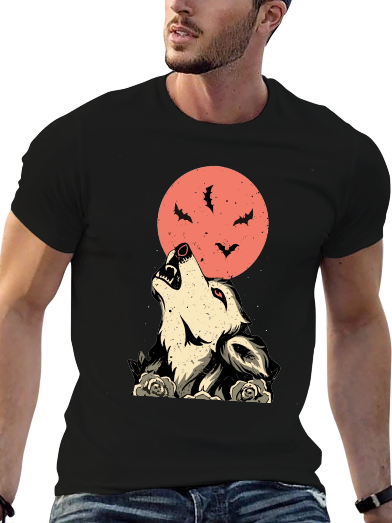 Wolf & Moon Graphic Tee - Unique Halloween T-Shirt