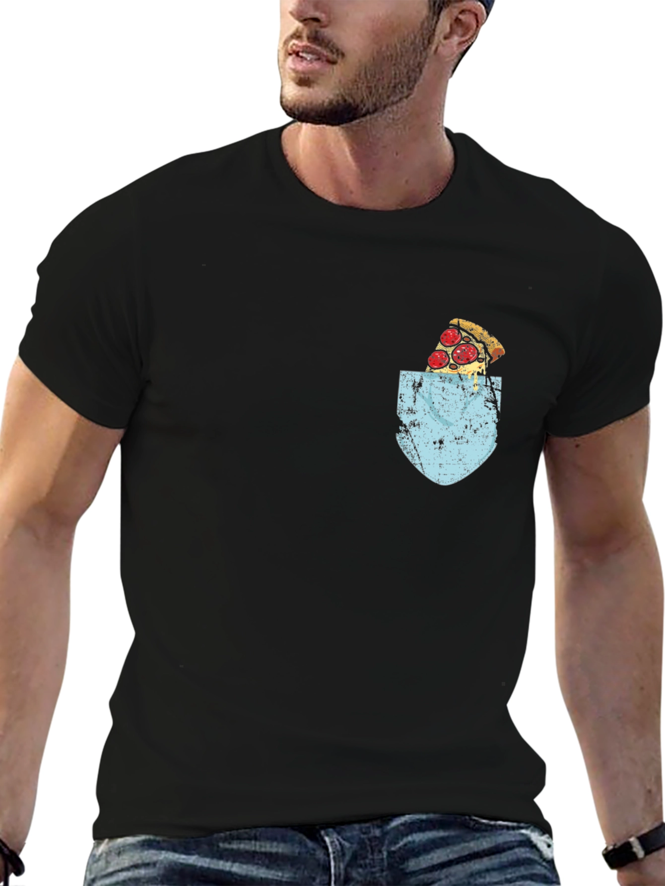 Pizza Pocket Graphic Tee - Black Crew Neck T-Shirt