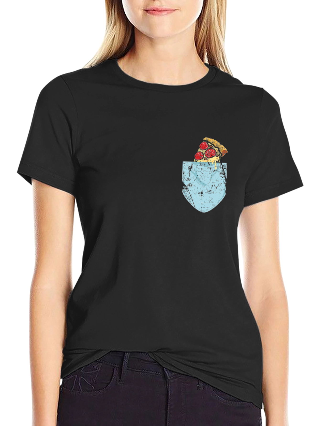 Pizza Pocket Graphic Tee - Black Crew Neck T-Shirt