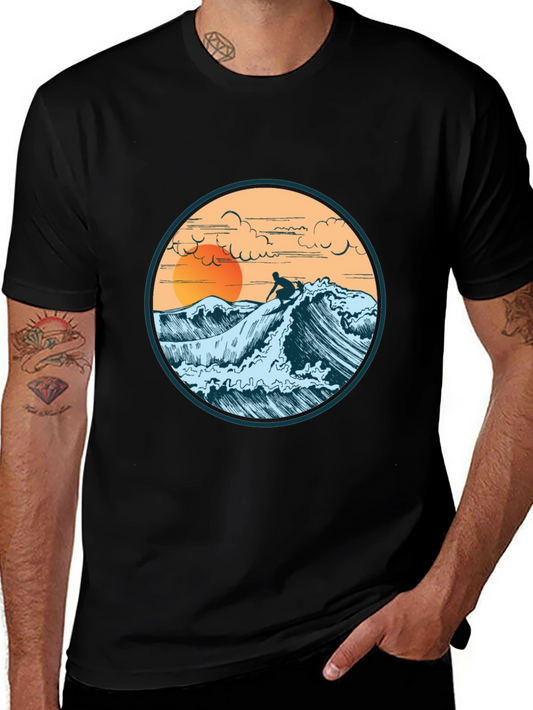Surfer Graphic Tee - Sunset Wave Design