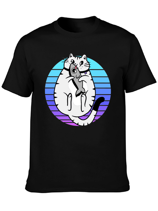 Cat Holding Fish Graphic T-Shirt - Black