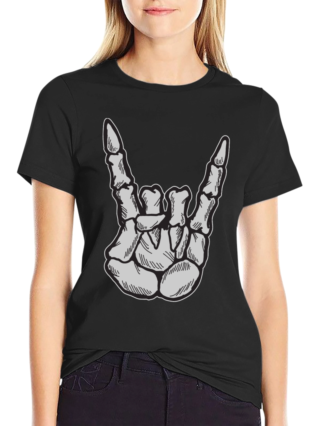 Skeleton Hand Rock On T-Shirt - Black