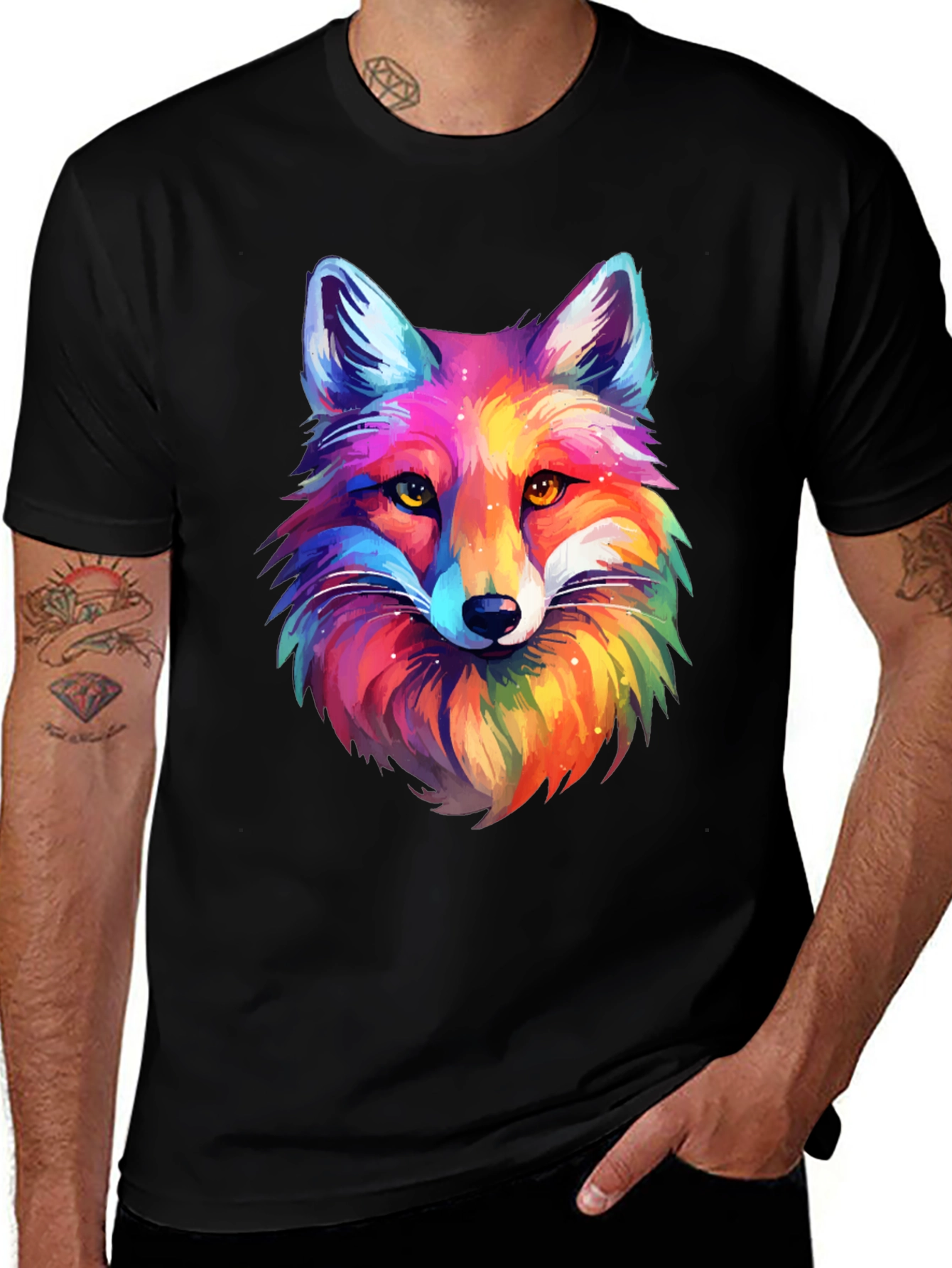 Vibrant Rainbow Fox Graphic Tee - Unisex Black T-Shirt
