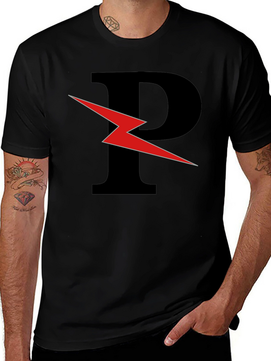 Black T-Shirt with Letter P and Red Lightning Bolt Design