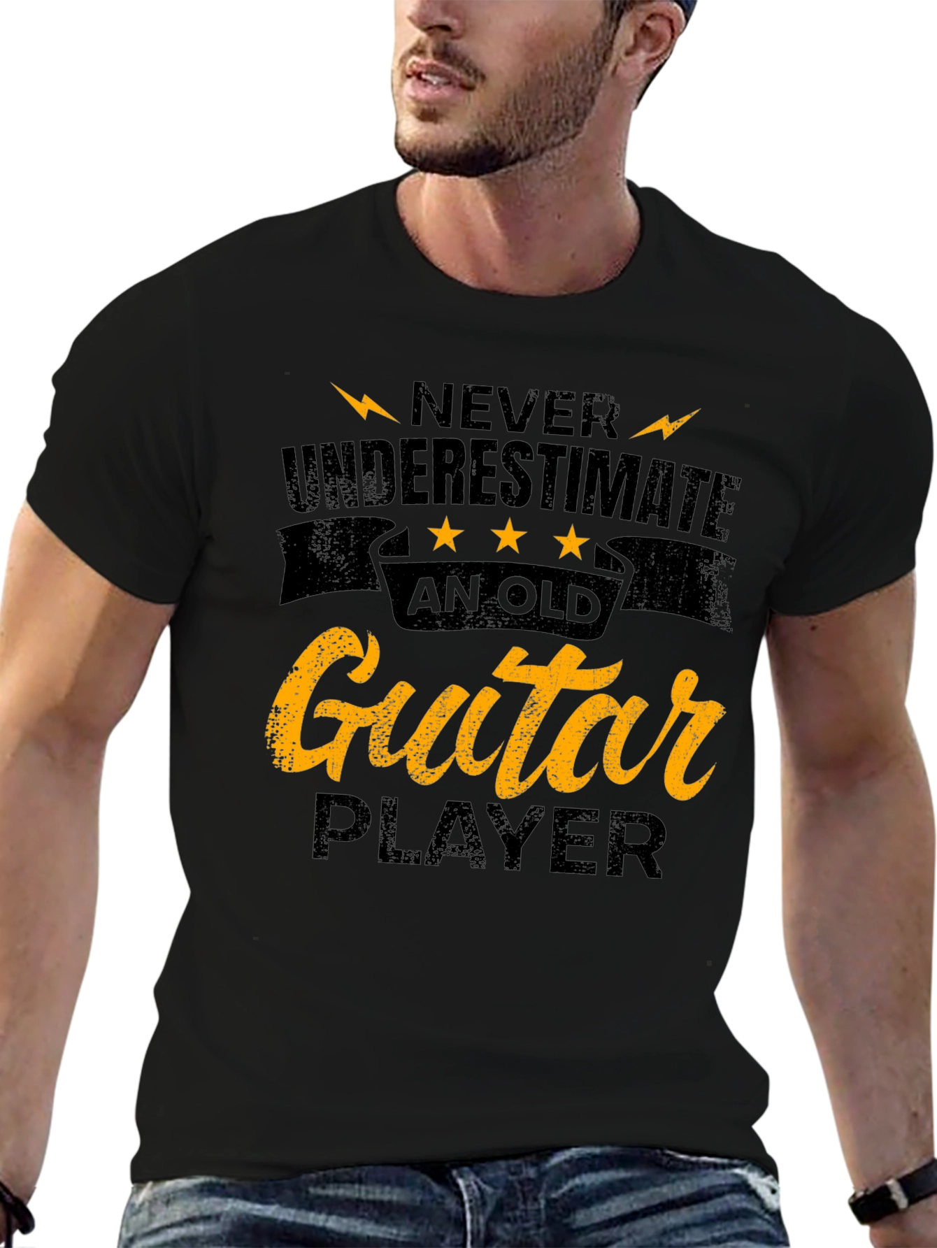 Never Underestimate Old Guitar Player Black Tee