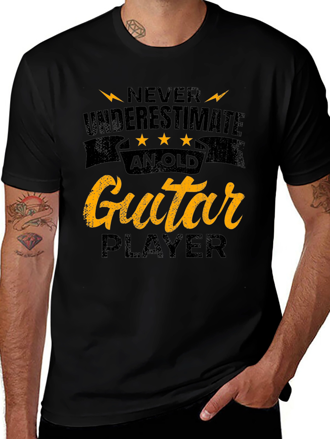 Never Underestimate Old Guitar Player Black Tee