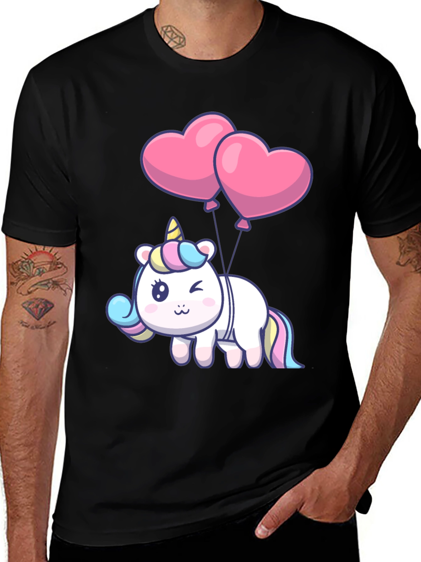Cute Unicorn Heart Balloons Black T-Shirt