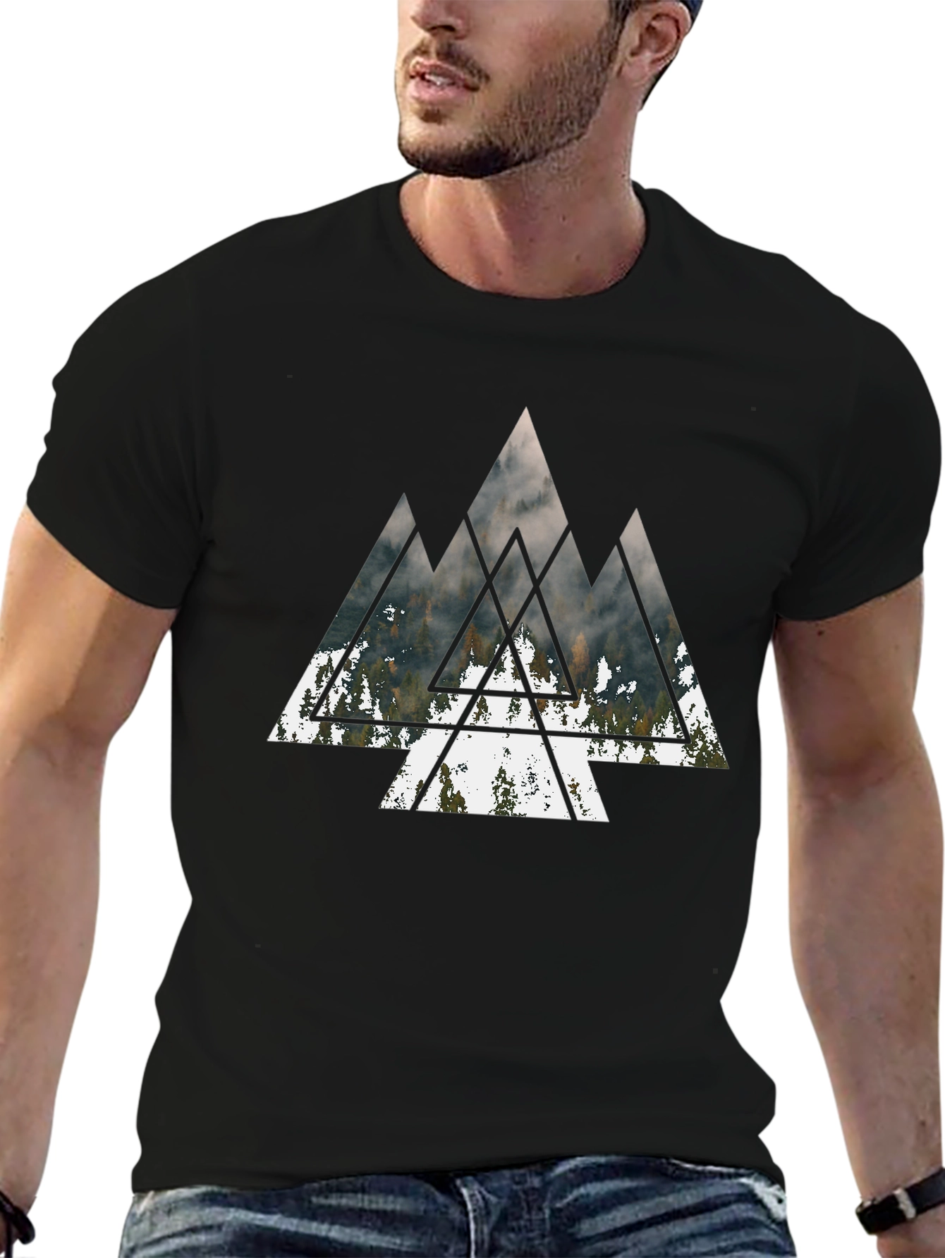Geometric Mountain Forest Black T-Shirt