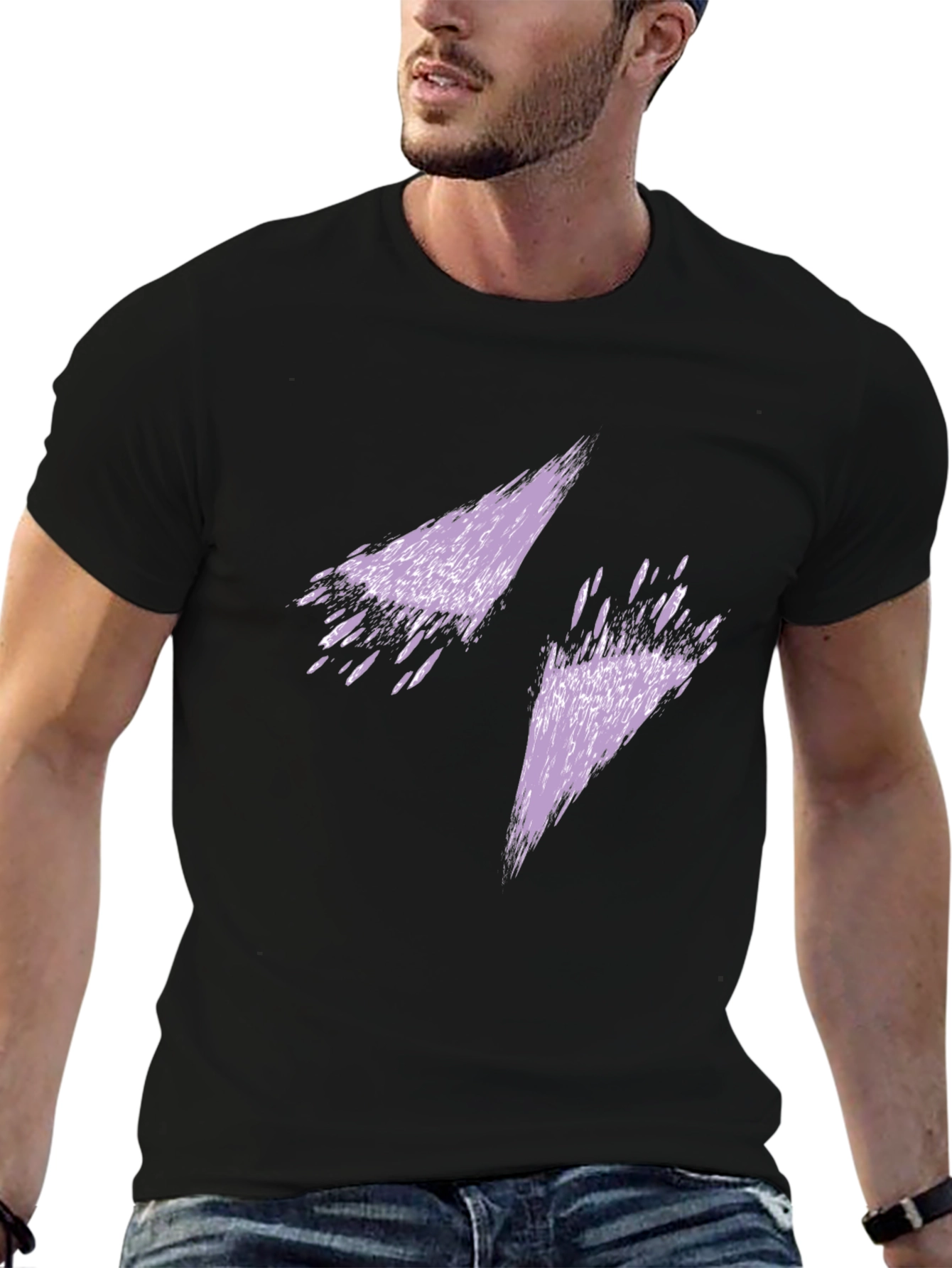 Mens Black T-Shirt with Abstract Purple Lightning Bolt Design