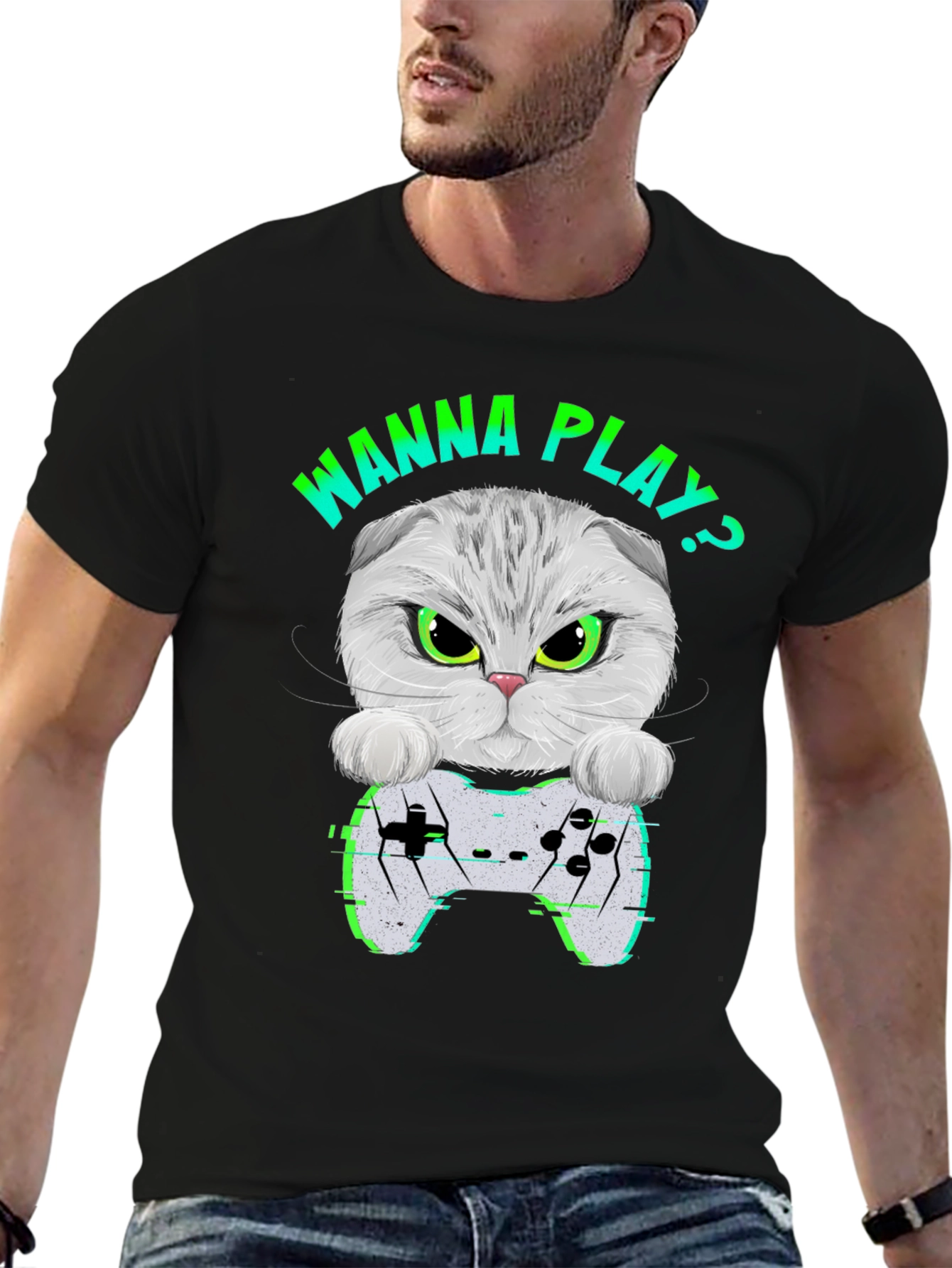 Gamer Cat Graphic T-Shirt - Wanna Play Gaming Tee
