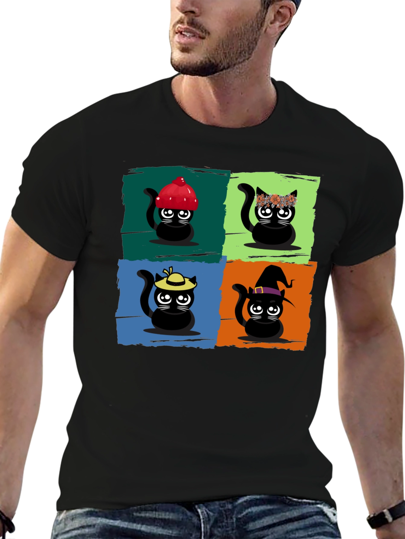 Cartoon Cats Black T-Shirt