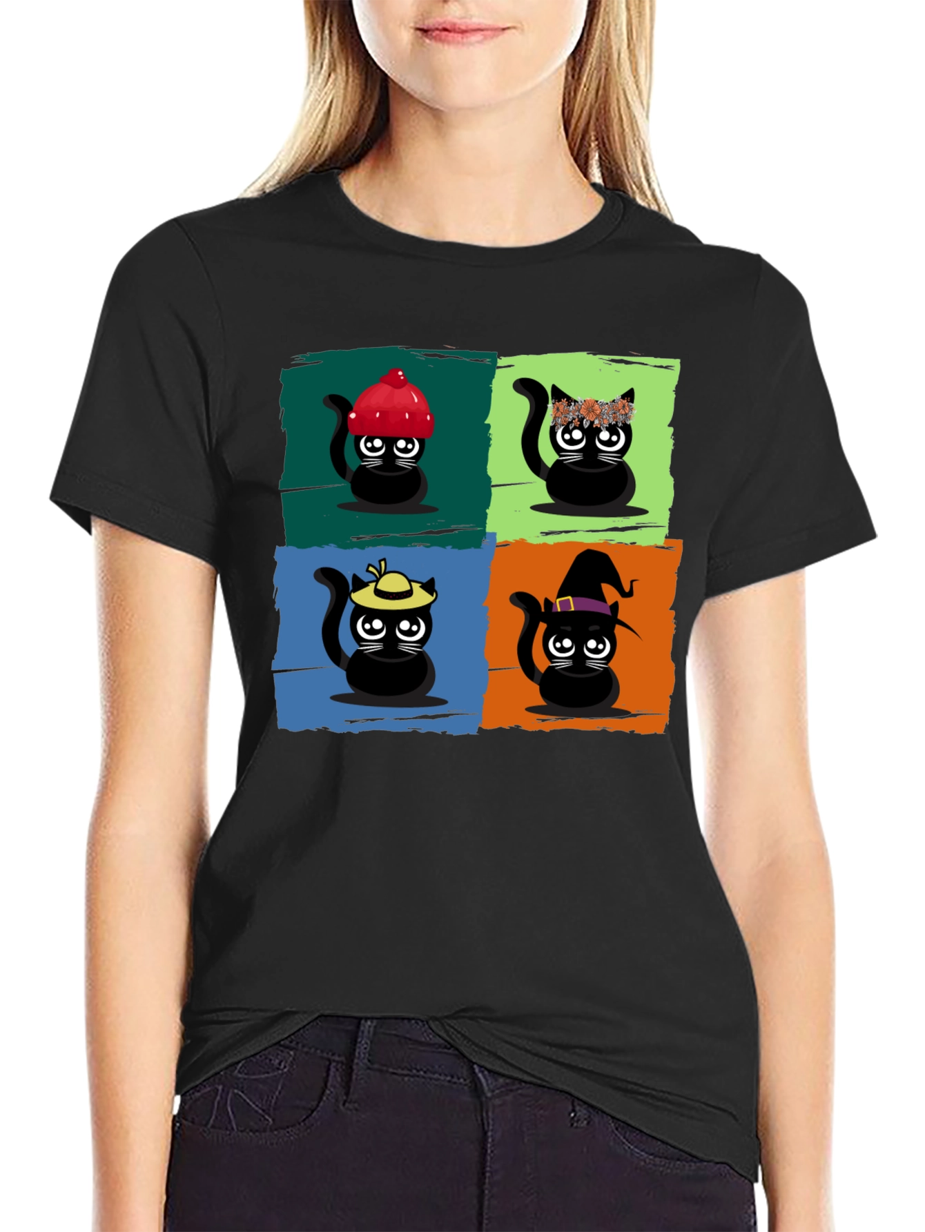 Cartoon Cats Black T-Shirt