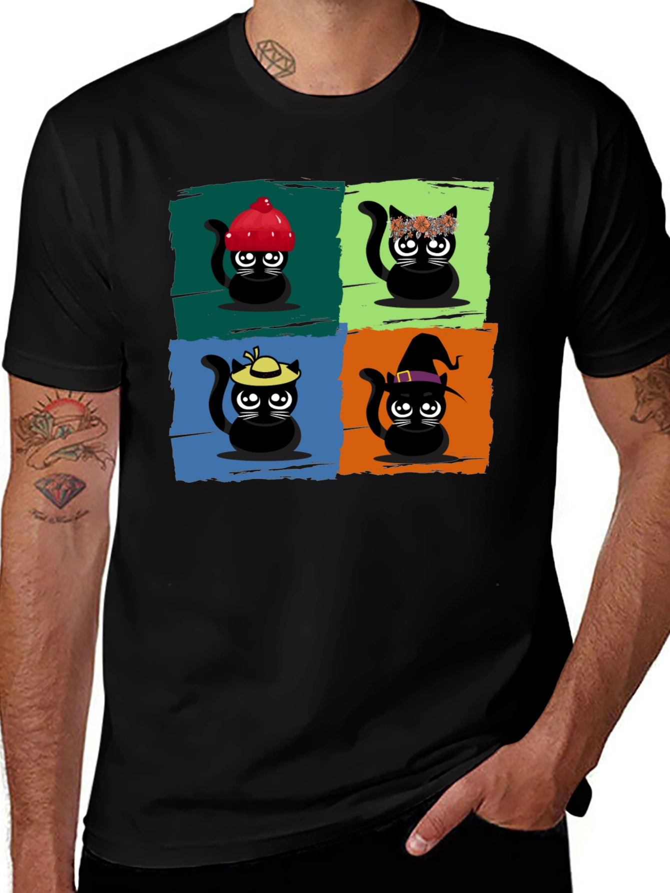 Cartoon Cats Black T-Shirt