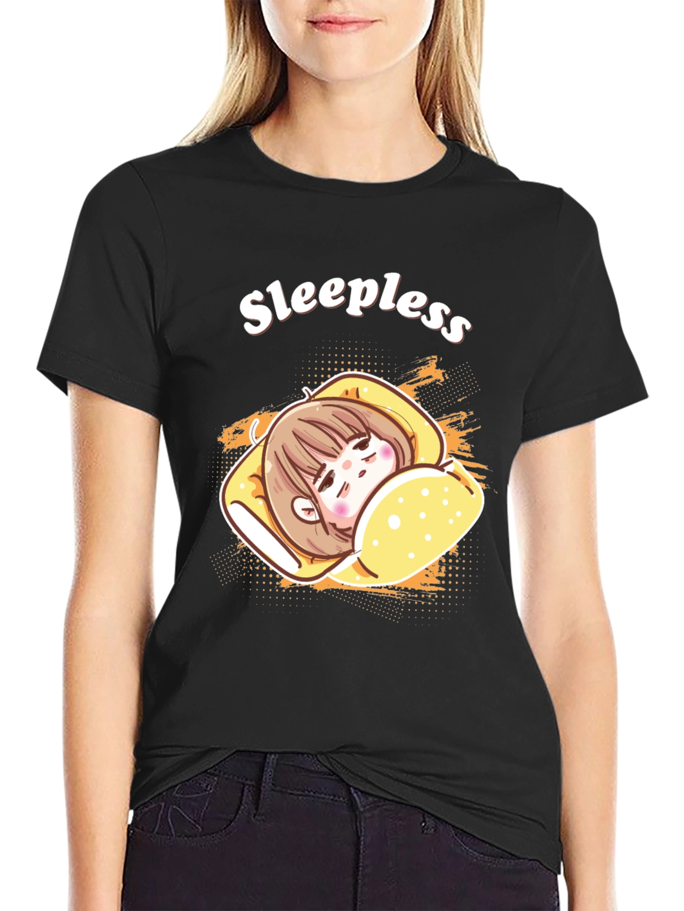Sleepless Cartoon Graphic Black T-Shirt