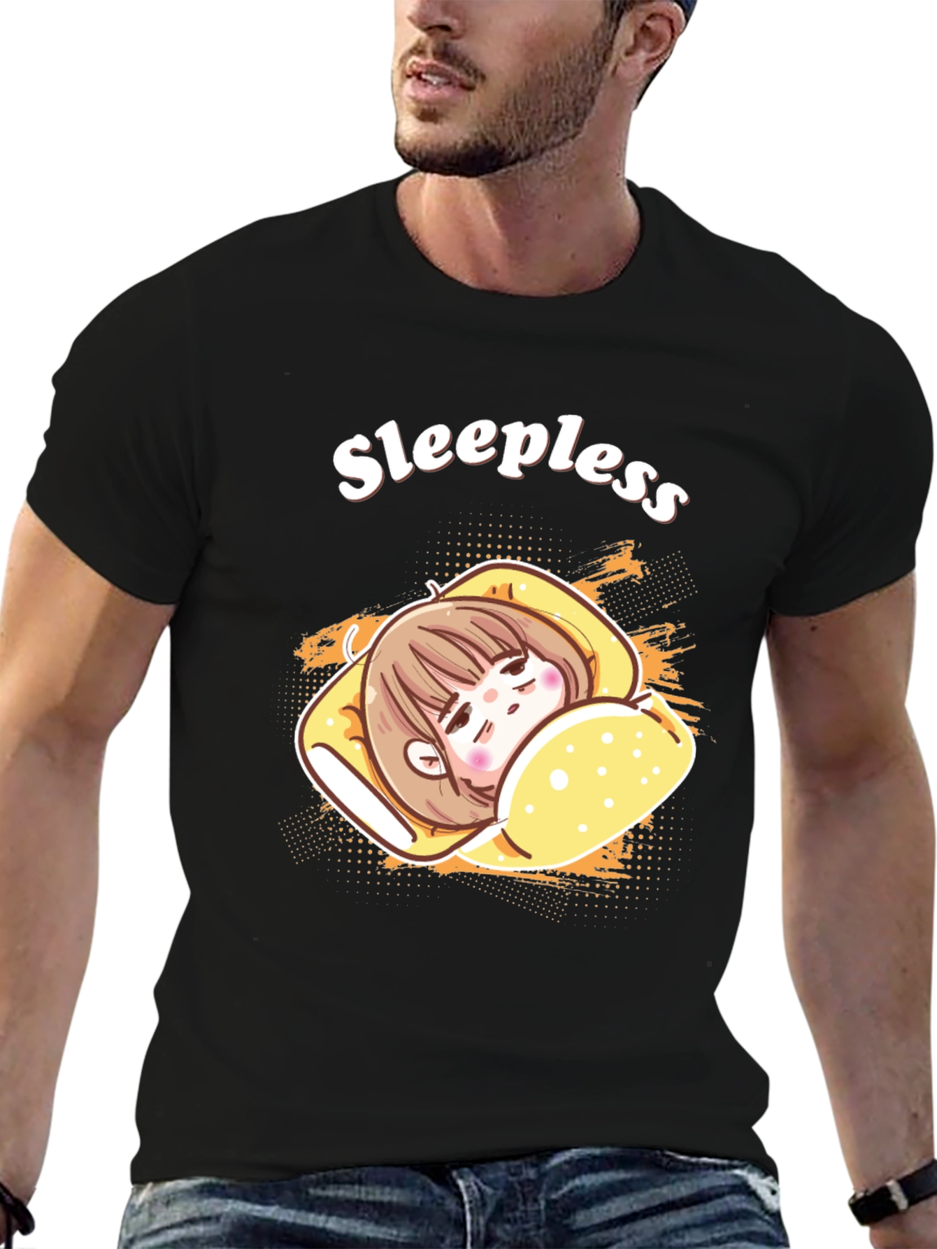 Sleepless Cartoon Graphic Black T-Shirt