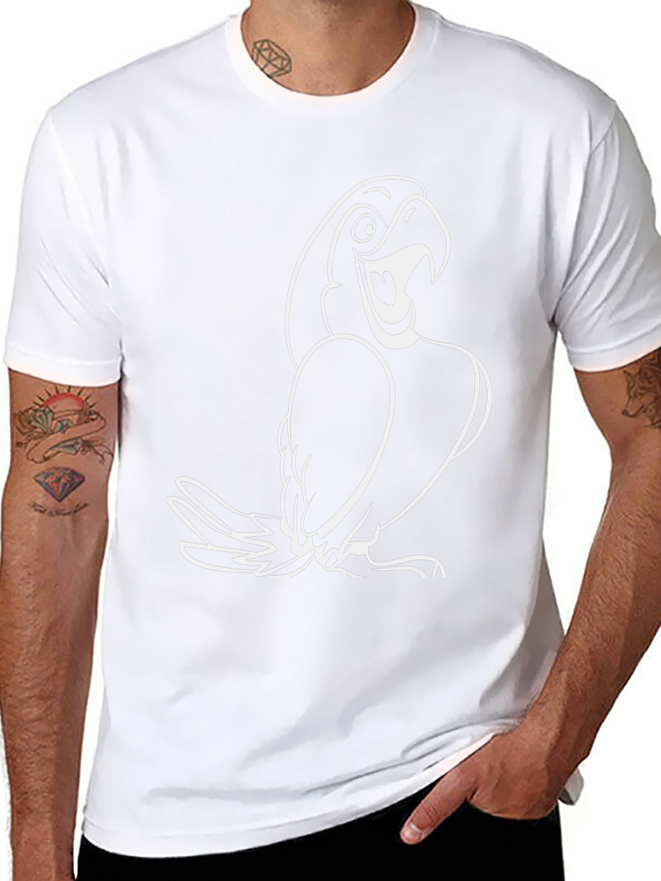 Black T-Shirt with White Cartoon Parrot Graphic