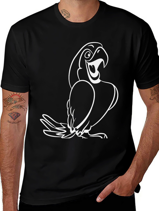Black T-Shirt with White Cartoon Parrot Graphic