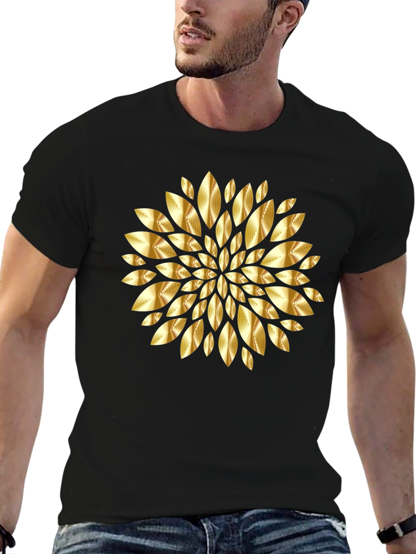 Golden Leaf Mandala Black T-Shirt